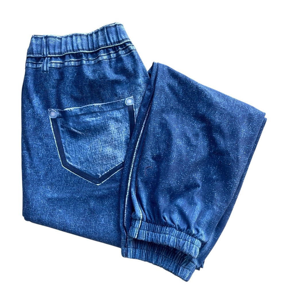 ZYIA ACTIVE Women's Lg. Blue Distressed Denim Print Stretch Joggers Chic Stylish